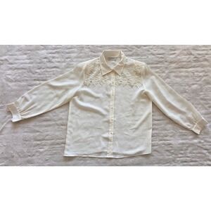 Cathy Che Ivory Lace Embellished Button Up Blouse Long Sleeve Sheer
